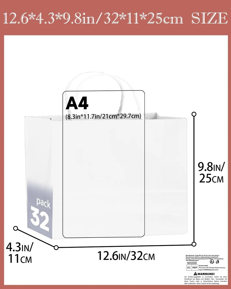 Gcardist 100 Stück Weiss-Geschenktüten aus Papier mit Henkeln–12.6"x4.3"x10"-Tüten Breite Tasche Par