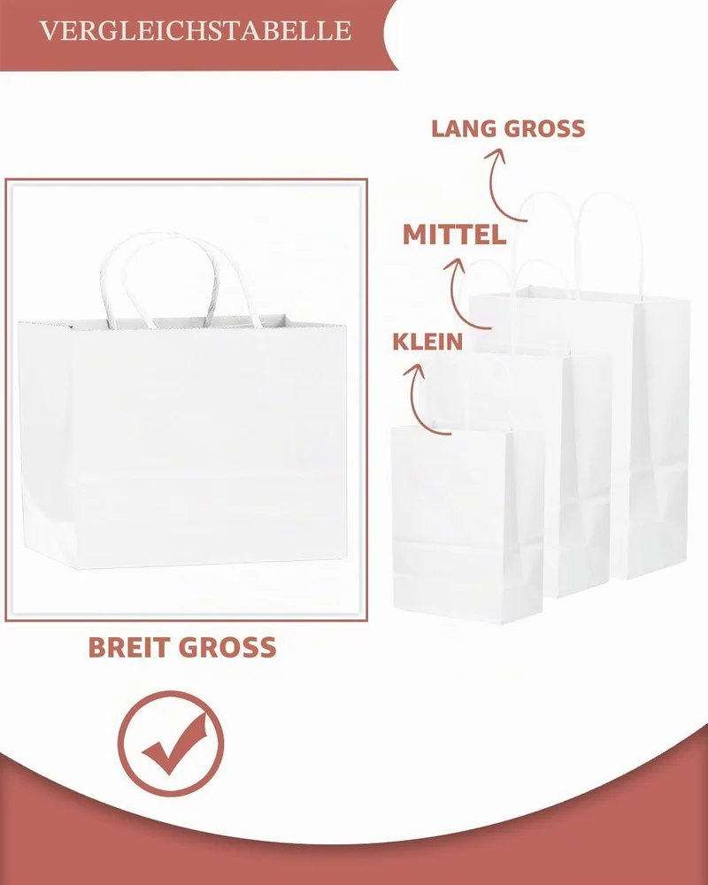 Gcardist 100 Stück Weiss-Geschenktüten aus Papier mit Henkeln–12.6"x4.3"x10"-Tüten Breite Tasche Par