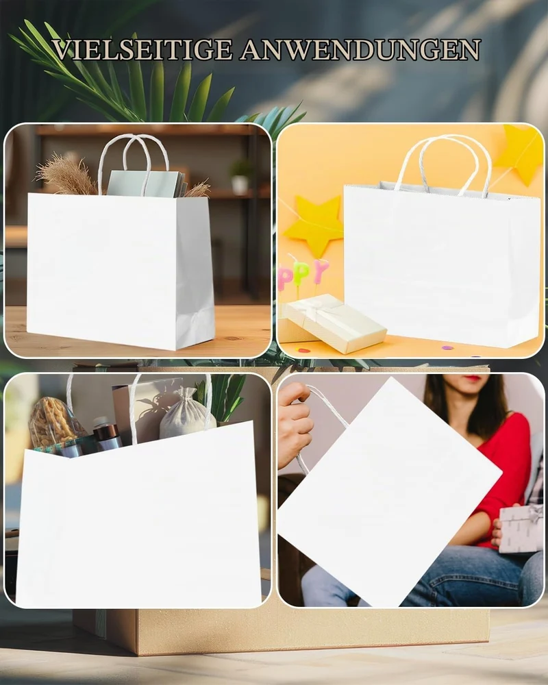 Gcardist 100 Stück Weiss-Geschenktüten aus Papier mit Henkeln–12.6"x4.3"x10"-Tüten Breite Tasche Par