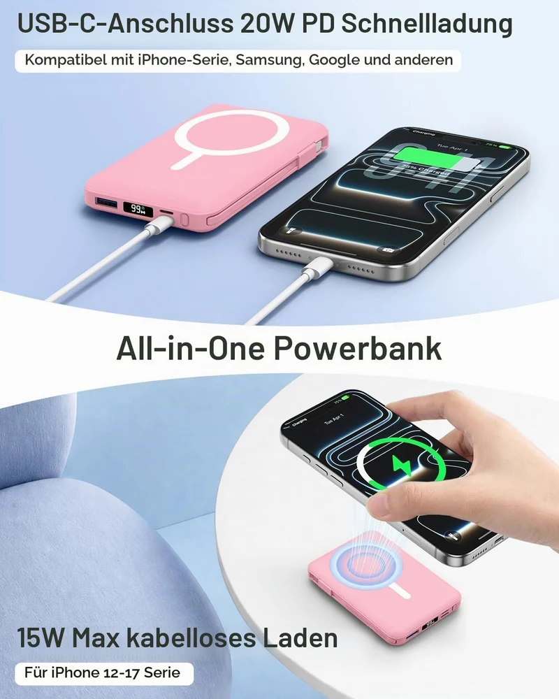 Powerbank für MagSafe, 10000mAh Magnetische Powerbank iPhone Rosa Rosa 10000.0 Milliamperestunden (m