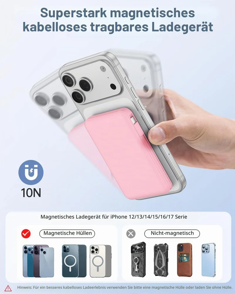 Powerbank für MagSafe, 10000mAh Magnetische Powerbank iPhone Rosa Rosa 10000.0 Milliamperestunden (m