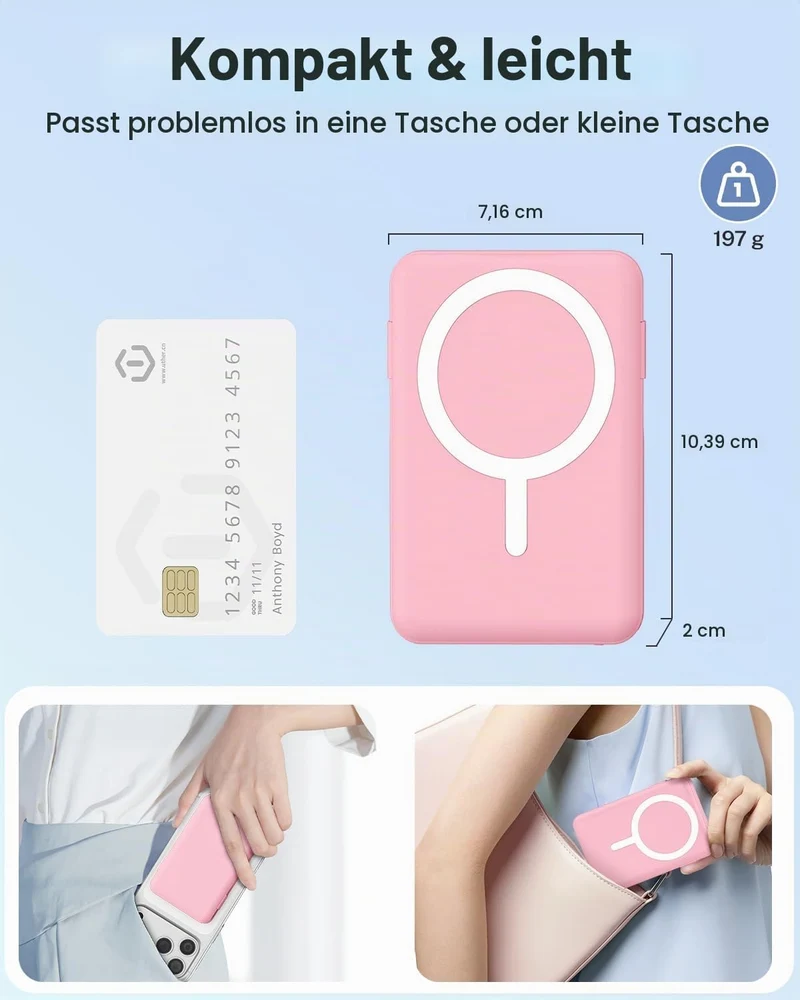 Powerbank für MagSafe, 10000mAh Magnetische Powerbank iPhone Rosa Rosa 10000.0 Milliamperestunden (m