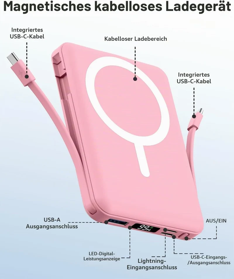Powerbank für MagSafe, 10000mAh Magnetische Powerbank iPhone Rosa Rosa 10000.0 Milliamperestunden (m