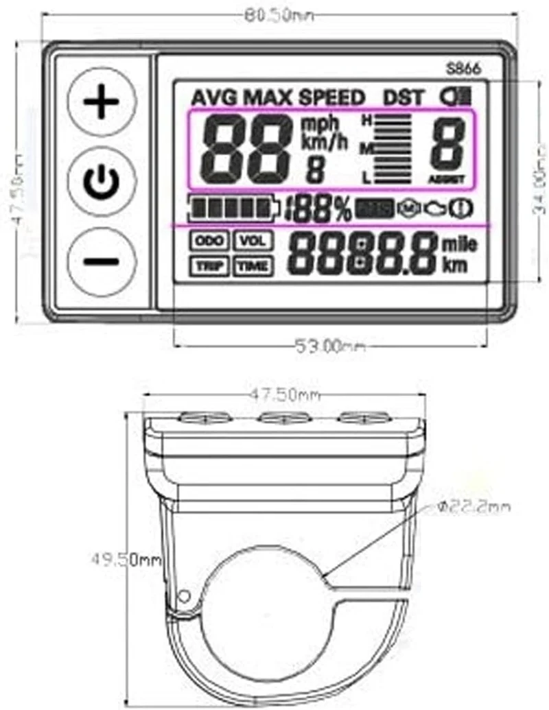 S866 Elektrofahrrad-LCD-Display-Messgerät, 24 V, 36 V, 48 V, Bedienfeld mit Stecker, Kompatibel mit