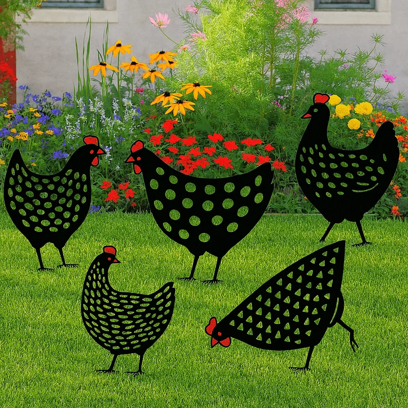 Galvona | Vintage Huhn Gartenskulptur aus Acryl – Dekoratives 5er Set