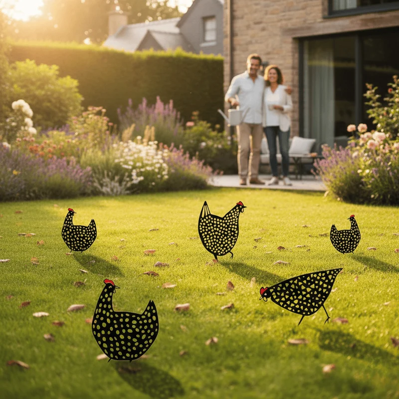 Galvona | Vintage Huhn Gartenskulptur aus Acryl – Dekoratives 5er Set