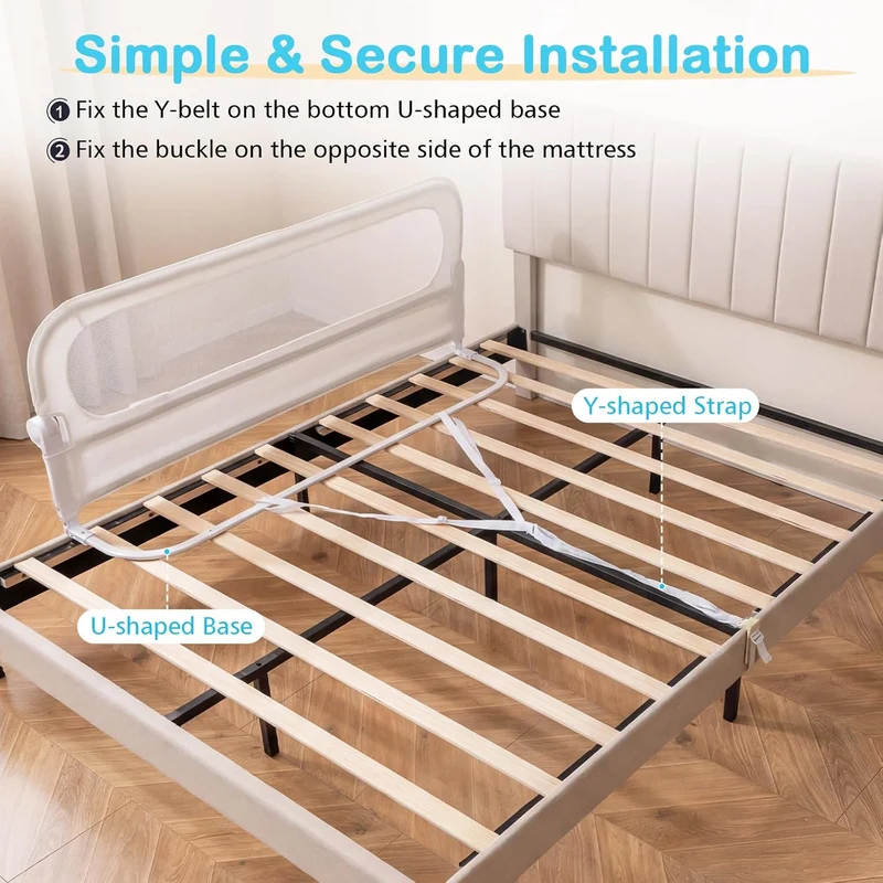 FANTASK Bettgitter klappbar, 150 x 60 cm, Kinderschutzgitter mit U-förmigem Gestell & Gurt, Bettschu