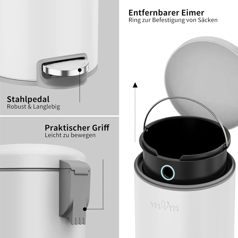 mVm Mülleimer Küche 20L, Mülleimer mit Deckel, Weiss Weiss 20L, Weiss 20L