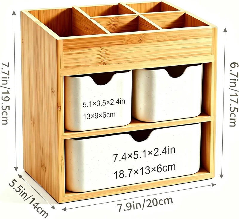 Kosmetikorganiser Make up Organizer Bambus, Schreibtisch Organizer mit 3 Schubladen & herausnehmbare