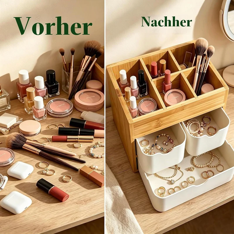 Kosmetikorganiser Make up Organizer Bambus, Schreibtisch Organizer mit 3 Schubladen & herausnehmbare