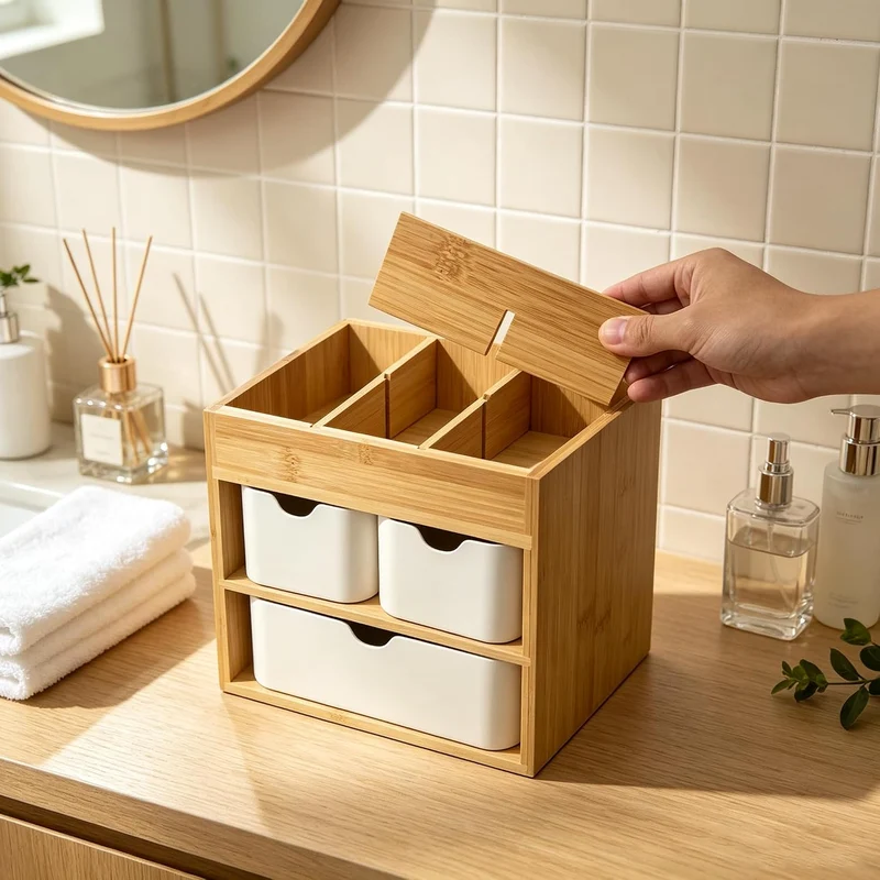 Kosmetikorganiser Make up Organizer Bambus, Schreibtisch Organizer mit 3 Schubladen & herausnehmbare