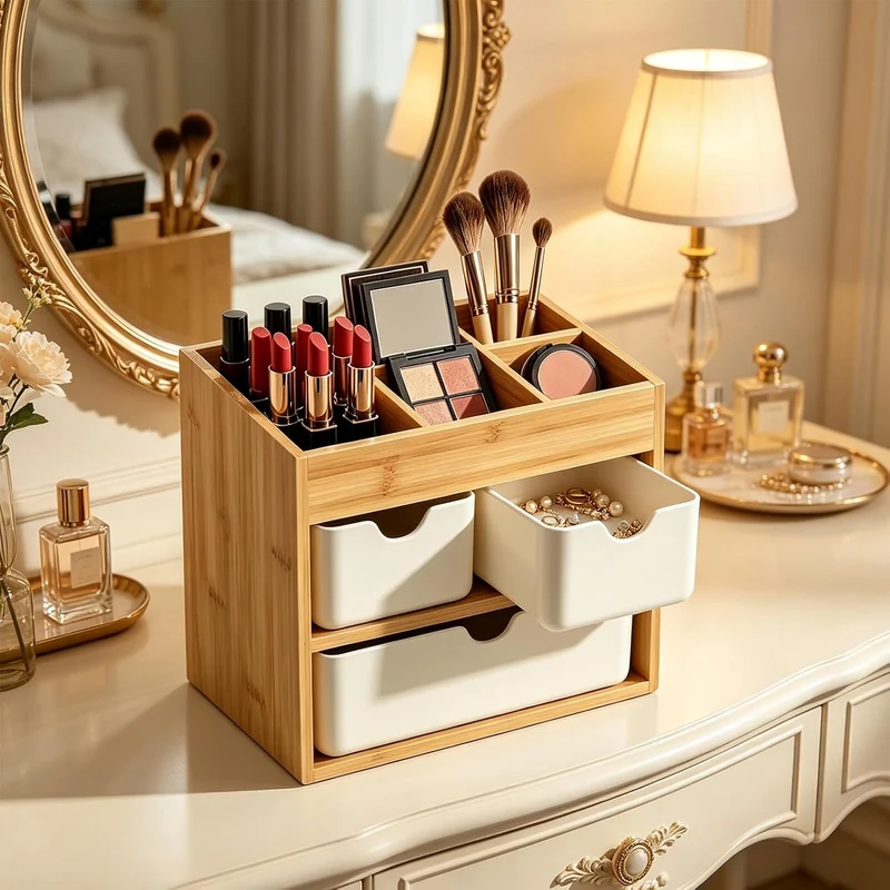Kosmetikorganiser Make up Organizer Bambus, Schreibtisch Organizer mit 3 Schubladen & herausnehmbare