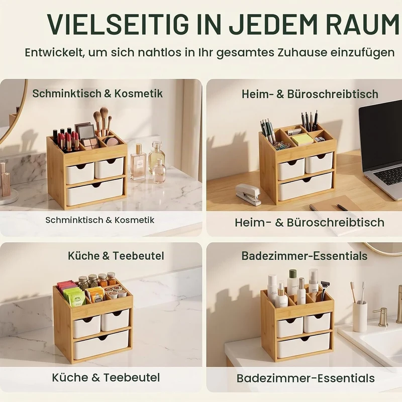 Kosmetikorganiser Make up Organizer Bambus, Schreibtisch Organizer mit 3 Schubladen & herausnehmbare