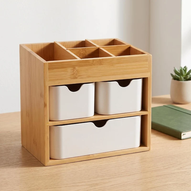 Kosmetikorganiser Make up Organizer Bambus, Schreibtisch Organizer mit 3 Schubladen & herausnehmbare
