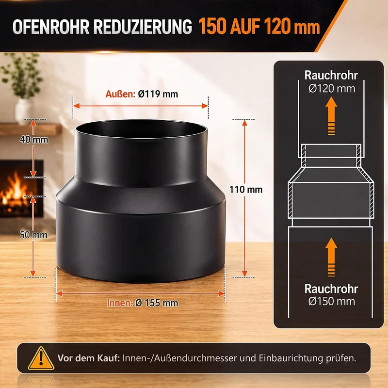 Enhon Ofenrohr Reduzierung 150 auf 120 mm, 1.7 mm Stark Stahl Reduzierungsstück, Kaminrohr Reduzieru