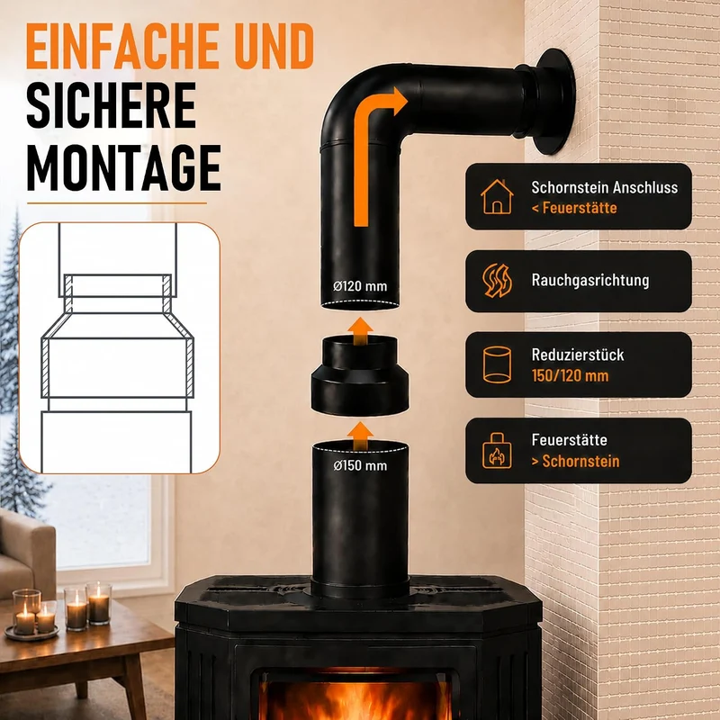 Enhon Ofenrohr Reduzierung 150 auf 120 mm, 1.7 mm Stark Stahl Reduzierungsstück, Kaminrohr Reduzieru
