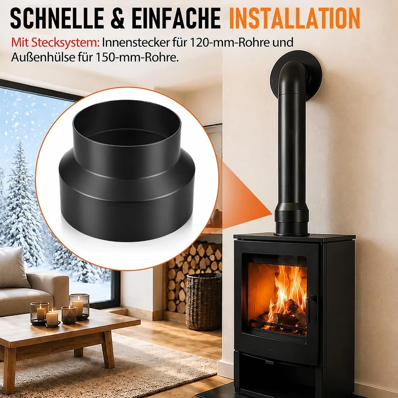 Enhon Ofenrohr Reduzierung 150 auf 120 mm, 1.7 mm Stark Stahl Reduzierungsstück, Kaminrohr Reduzieru