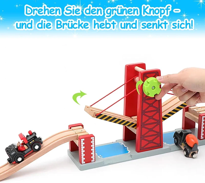 Holzeisenbahn Zubehör, kompatibel mit Allen gängigen Holzeisenbahn-Systemen Rote Hubbrücke, Rote Hub