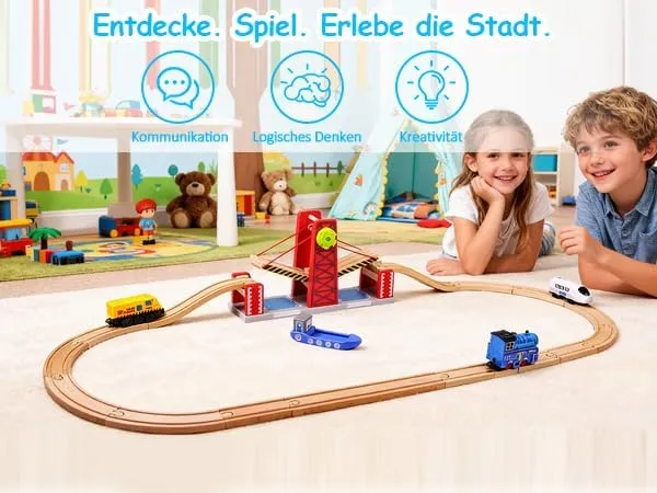 Holzeisenbahn Zubehör, kompatibel mit Allen gängigen Holzeisenbahn-Systemen Rote Hubbrücke, Rote Hub