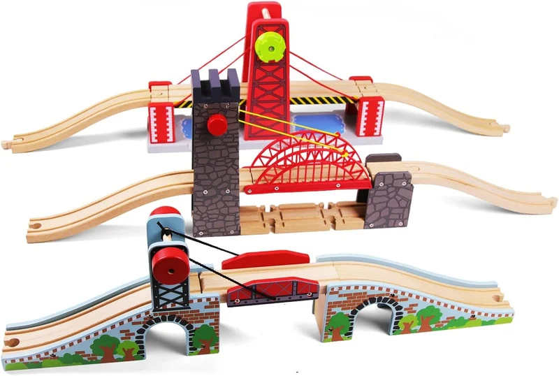 Holzeisenbahn Zubehör, kompatibel mit Allen gängigen Holzeisenbahn-Systemen Rote Hubbrücke, Rote Hub