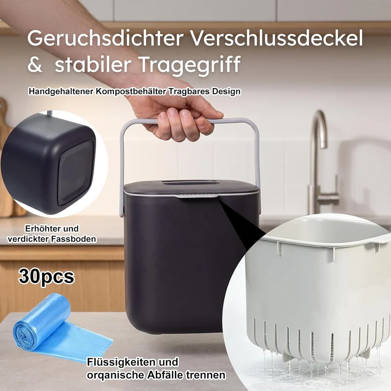 Biomülleimer Küche - 4L Komposteimer küche mit Deckel und Herausnehmbarer Sieb, Geruchsdicht Mülleim
