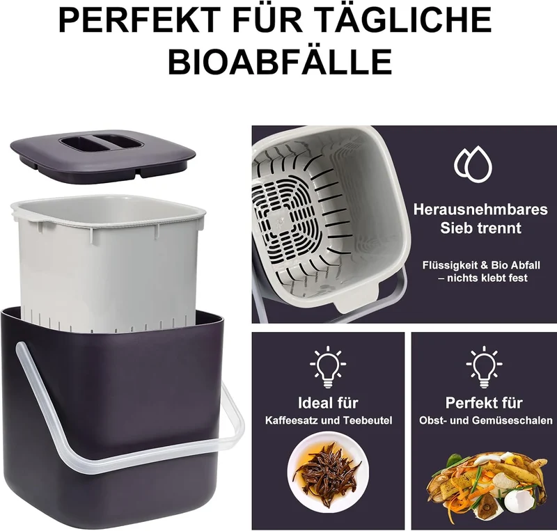 Biomülleimer Küche - 4L Komposteimer küche mit Deckel und Herausnehmbarer Sieb, Geruchsdicht Mülleim