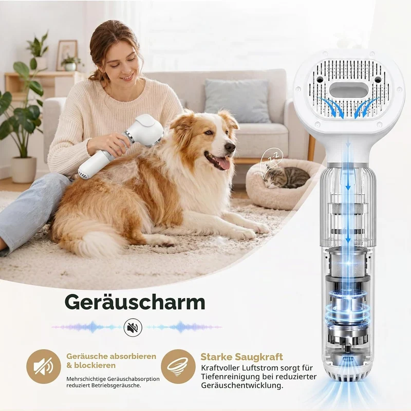 Handheld Hundestaubsauger mit Bürste - Kabelloser Hundeschermaschine，Saugleistung bis zu 10KPA, mit