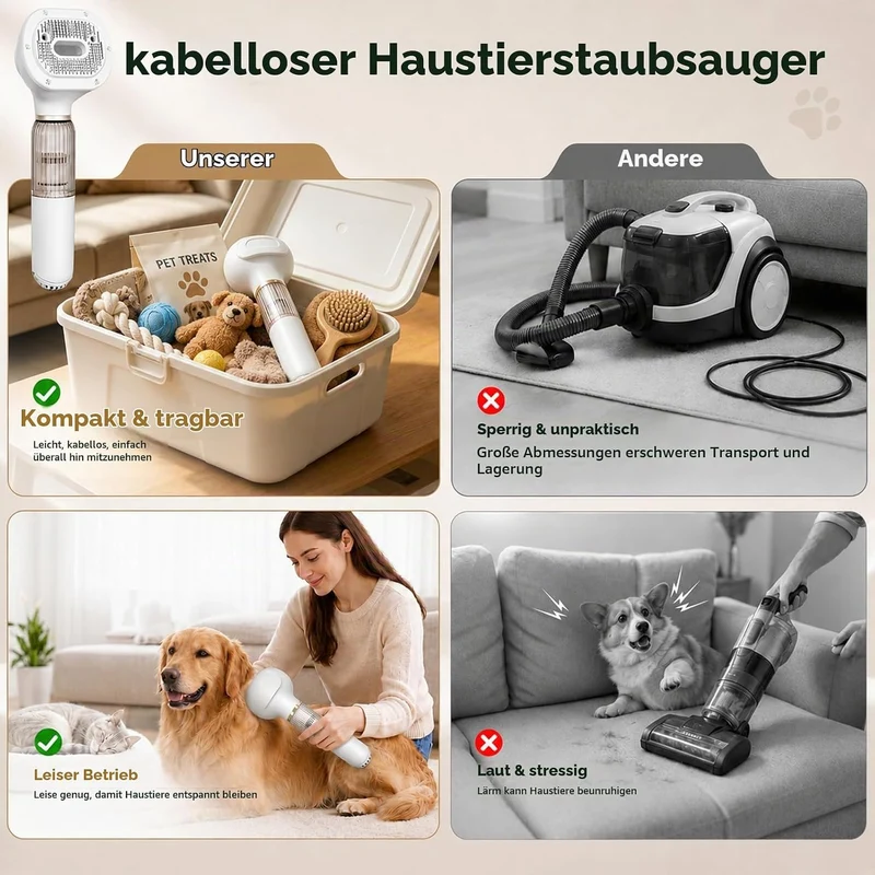Handheld Hundestaubsauger mit Bürste - Kabelloser Hundeschermaschine，Saugleistung bis zu 10KPA, mit