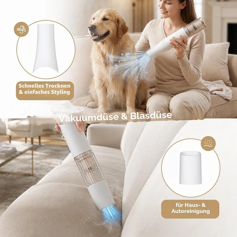 Handheld Hundestaubsauger mit Bürste - Kabelloser Hundeschermaschine，Saugleistung bis zu 10KPA, mit