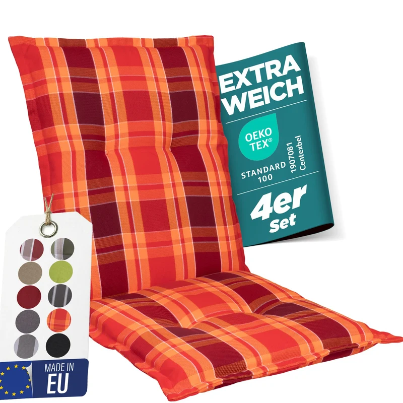 Gartenstuhlauflagen Niedriglehner, 4er Set, Rot kariert Rot Kariert 4-Stück, Rot Kariert 4-Stück