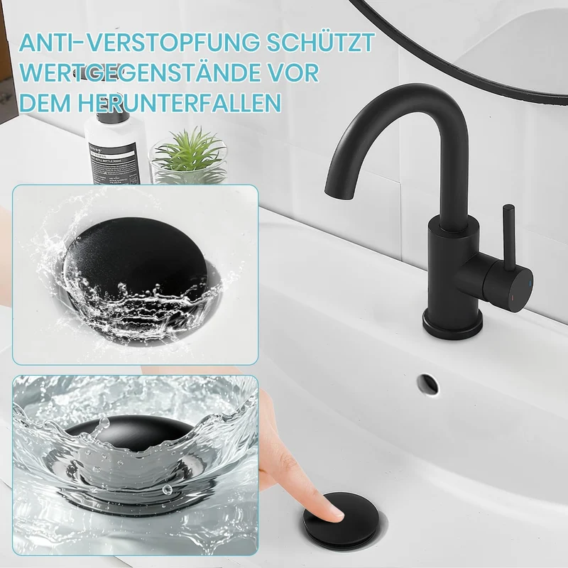 Wasserhahn Bad Hoch Mit Ablaufgarnitur,Badarmatur Schwarz, Schwarz