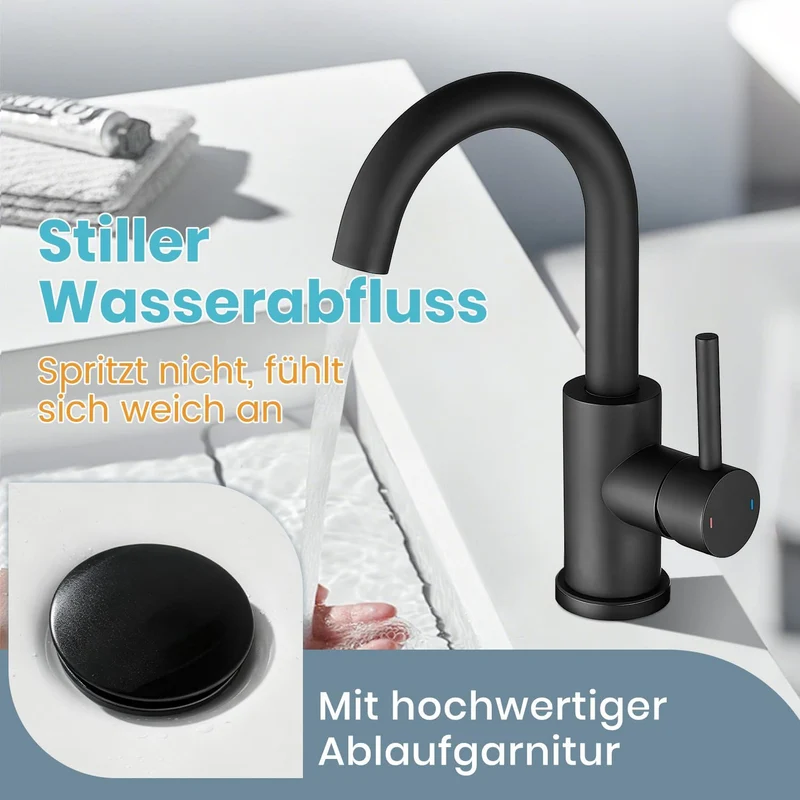 Wasserhahn Bad Hoch Mit Ablaufgarnitur,Badarmatur Schwarz, Schwarz
