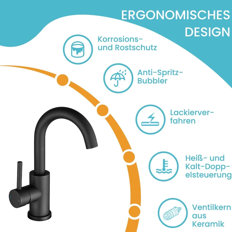 Wasserhahn Bad Hoch Mit Ablaufgarnitur,Badarmatur Schwarz, Schwarz