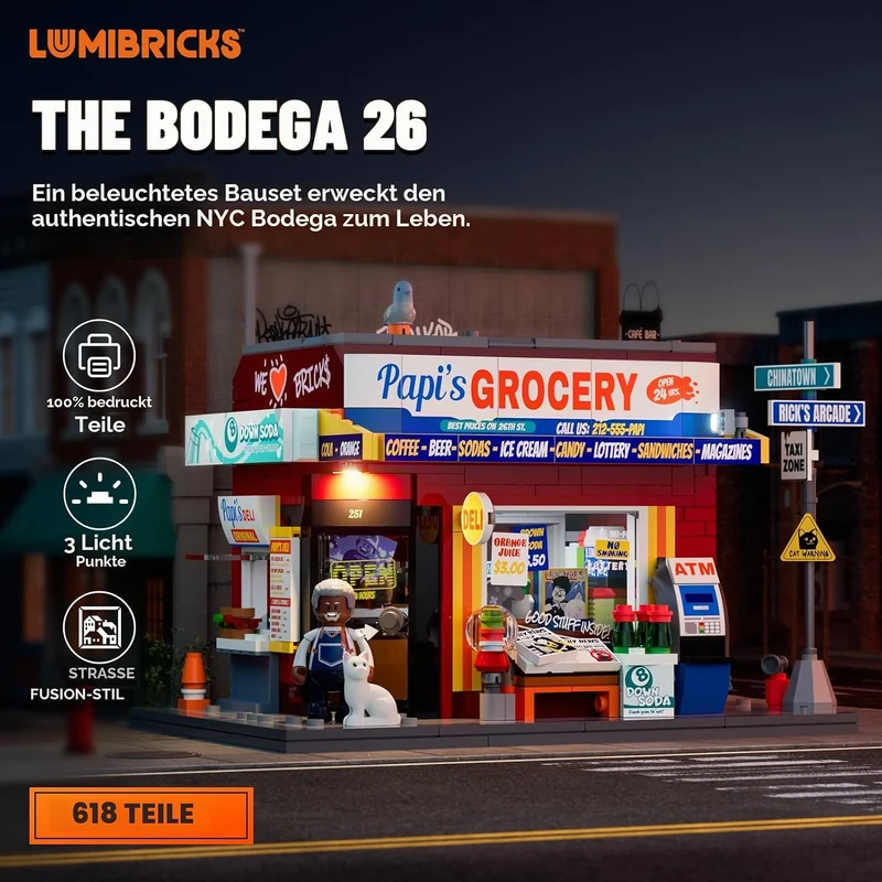 Lumibricks The Bodega Bauset mit LED-Beleuchtung, 618 Teile New Yorker Kiosk- und Lebensmittelgeschä