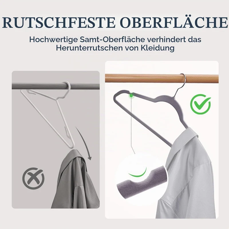Kleiderbügel Samt 50 Stück - Kleiderbügel Platzsparend, Bügel rutschfest und Belastbar, 360° Drehbar