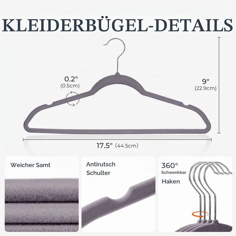Kleiderbügel Samt 50 Stück - Kleiderbügel Platzsparend, Bügel rutschfest und Belastbar, 360° Drehbar