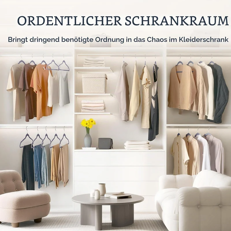 Kleiderbügel Samt 50 Stück - Kleiderbügel Platzsparend, Bügel rutschfest und Belastbar, 360° Drehbar