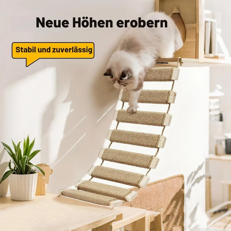 Katzenleiter Balkon 150 cm, Multifunktionale Katzenleiter & Klettergerüst, DIY Holzbrücke mit Sisals
