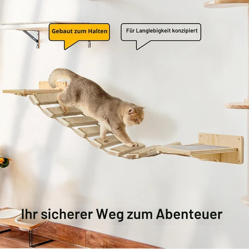 Katzenleiter Balkon 150 cm, Multifunktionale Katzenleiter & Klettergerüst, DIY Holzbrücke mit Sisals