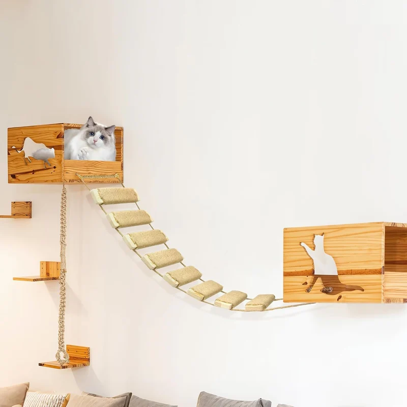 Katzenleiter Balkon 150 cm, Multifunktionale Katzenleiter & Klettergerüst, DIY Holzbrücke mit Sisals