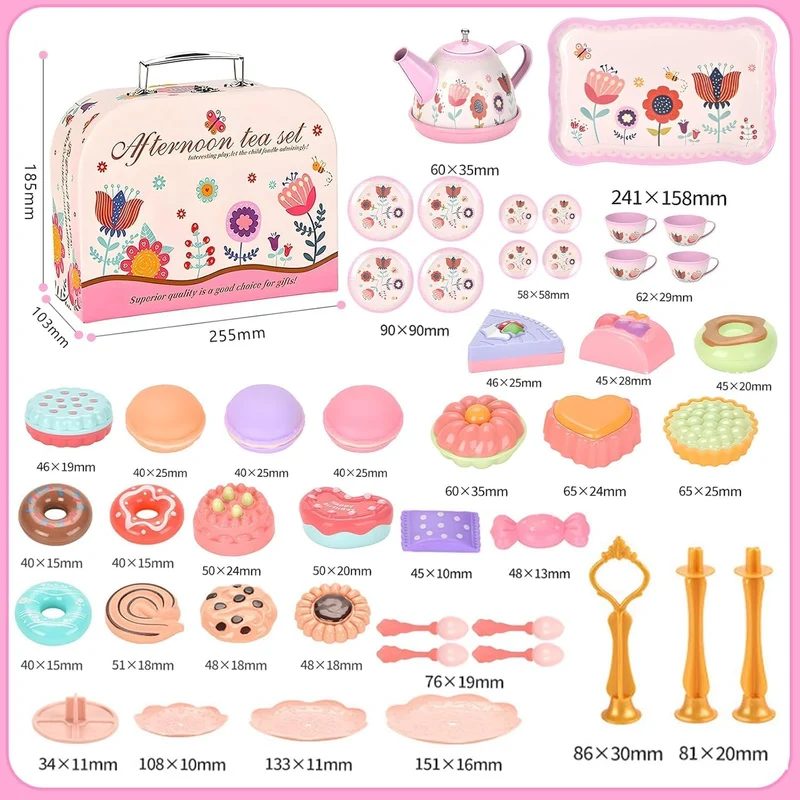 Teeservice Kinder, 46 Teile Puppengeschirr Kinderküche Tin Teekanne Set, Spielküche Zubehör für Kind