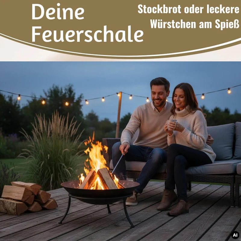 LS-LebenStil Feuerschale Eisen 47cm Schwarz Gestell 3-Bein mit Ring Schale, Schwarz
