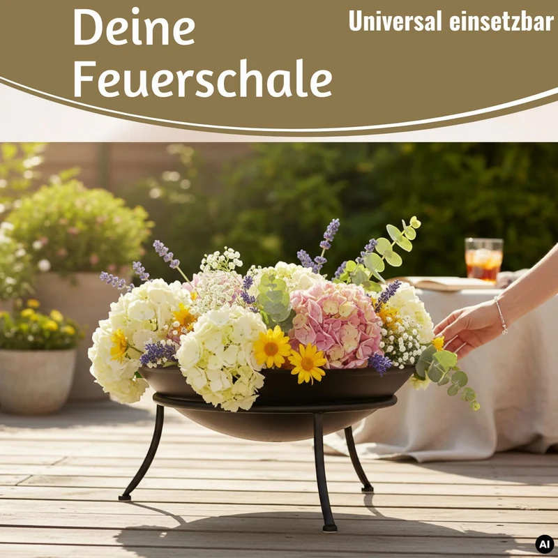 LS-LebenStil Feuerschale Eisen 47cm Schwarz Gestell 3-Bein mit Ring Schale, Schwarz