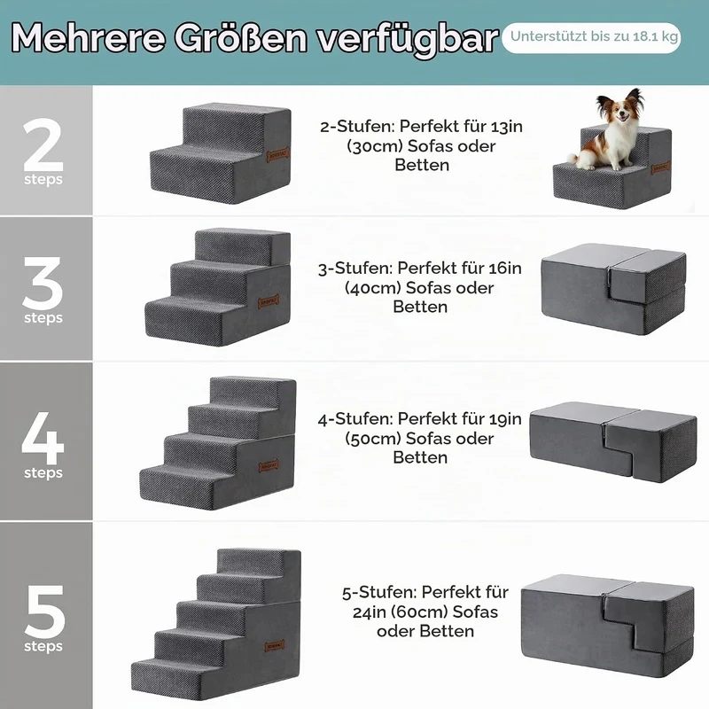 Hundetreppe & Rampe für hohes Bett & Sofa, 33-61 cm abnehmbare Haustiertreppe für kleine & mittlere