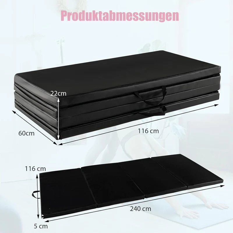 GOPLUS Faltbare Gymnastikmatte 240 cm x 116 cm x 5 cm, Faltbare Turnmatte mit Tragegriffen, Klettver