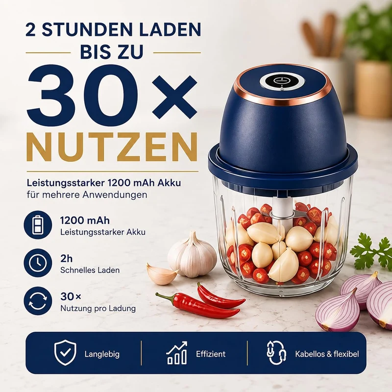 Elektrischer Zerkleinerer 350ml, USB-C, 6 Klingen für Fleisch & Gemüse