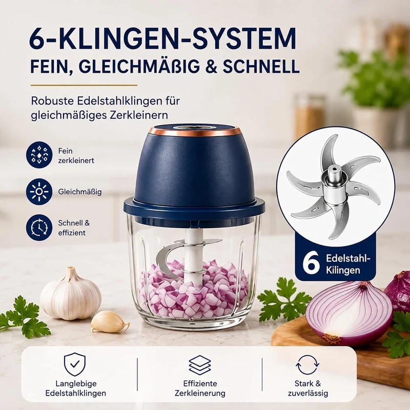 Elektrischer Zerkleinerer 350ml, USB-C, 6 Klingen für Fleisch & Gemüse