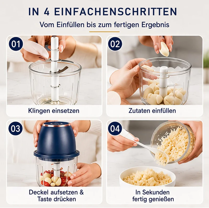 Elektrischer Zerkleinerer 350ml, USB-C, 6 Klingen für Fleisch & Gemüse