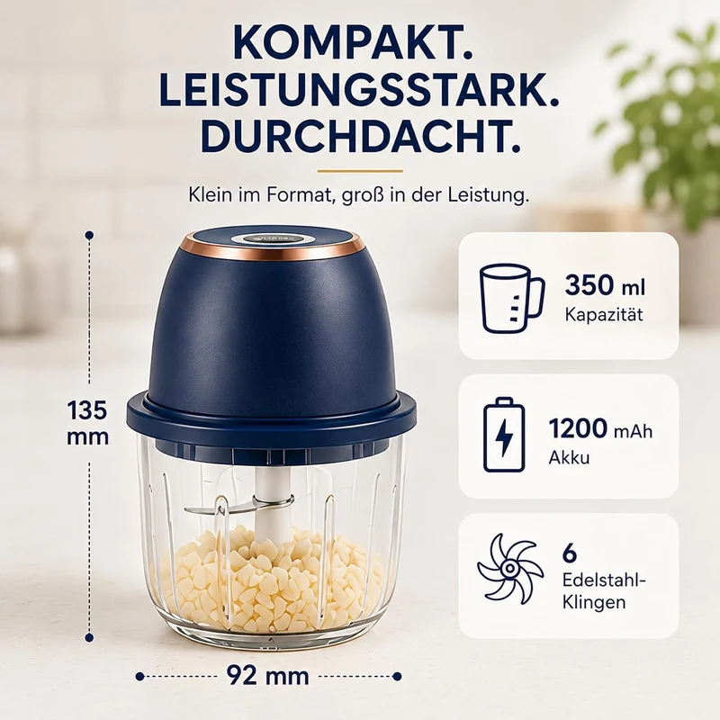 Elektrischer Zerkleinerer 350ml, USB-C, 6 Klingen für Fleisch & Gemüse
