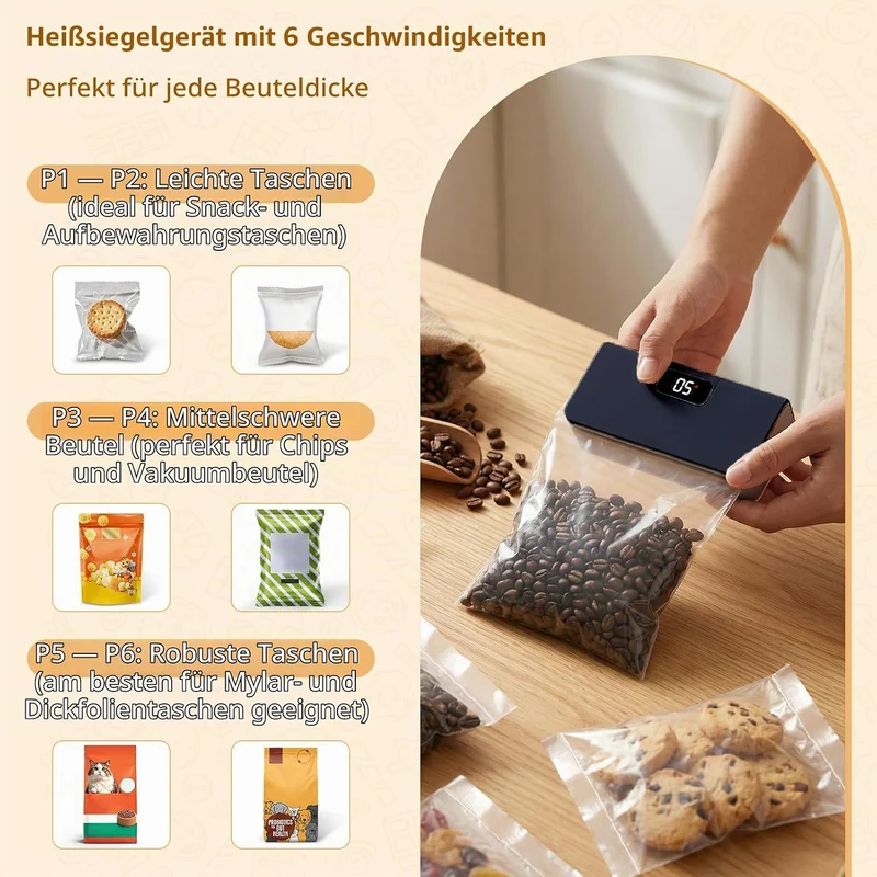 Wiederaufladbares Mini Folienschweissgerät mit LED-Display, 6 Stufen Einstellbar Bag Sealer für Plas